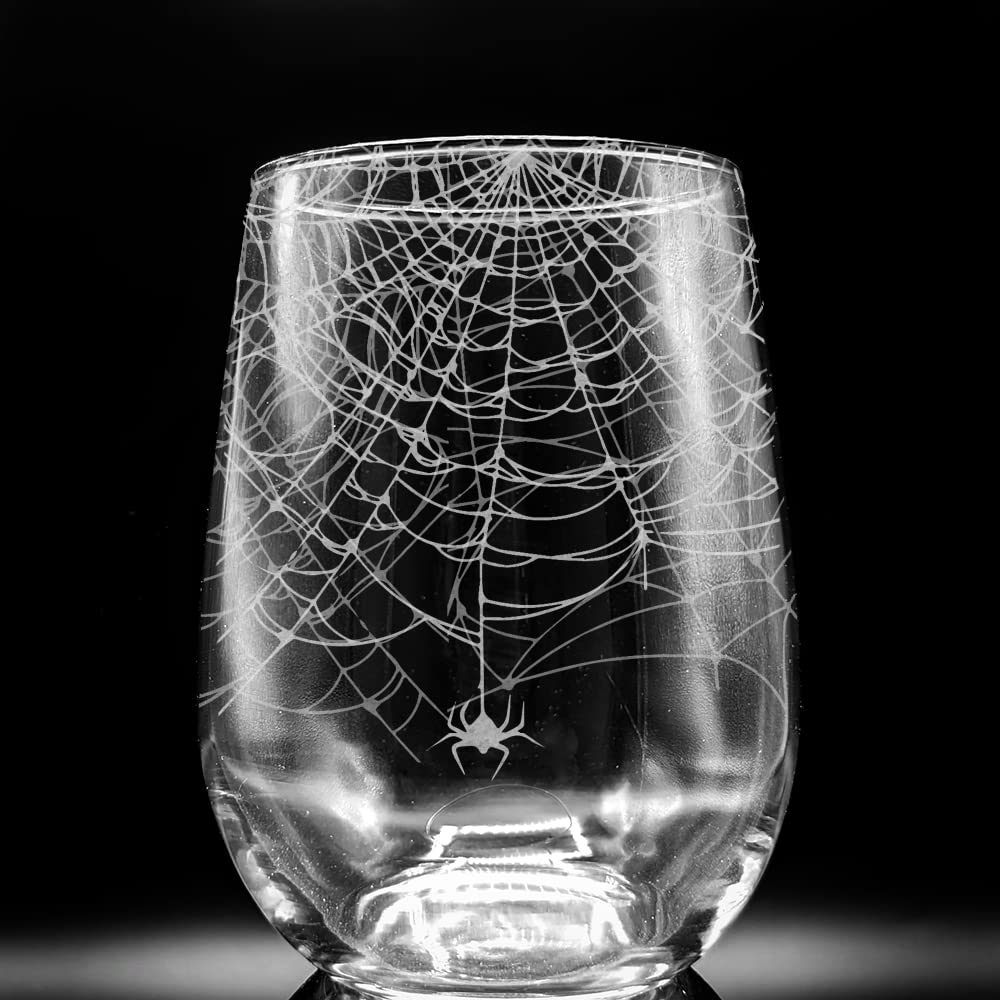 SPIDERWEBS Engraved 17oz Stemless Wine Glass | Great Halloween Scary Spooky Creature Gift Idea!