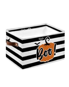 halloween storage basket waterproof cube storage bin organizer with handles, orange pumpkin bat black white striped collapsible storage cubes bins for clothes books toys 15"x11"x9.5"