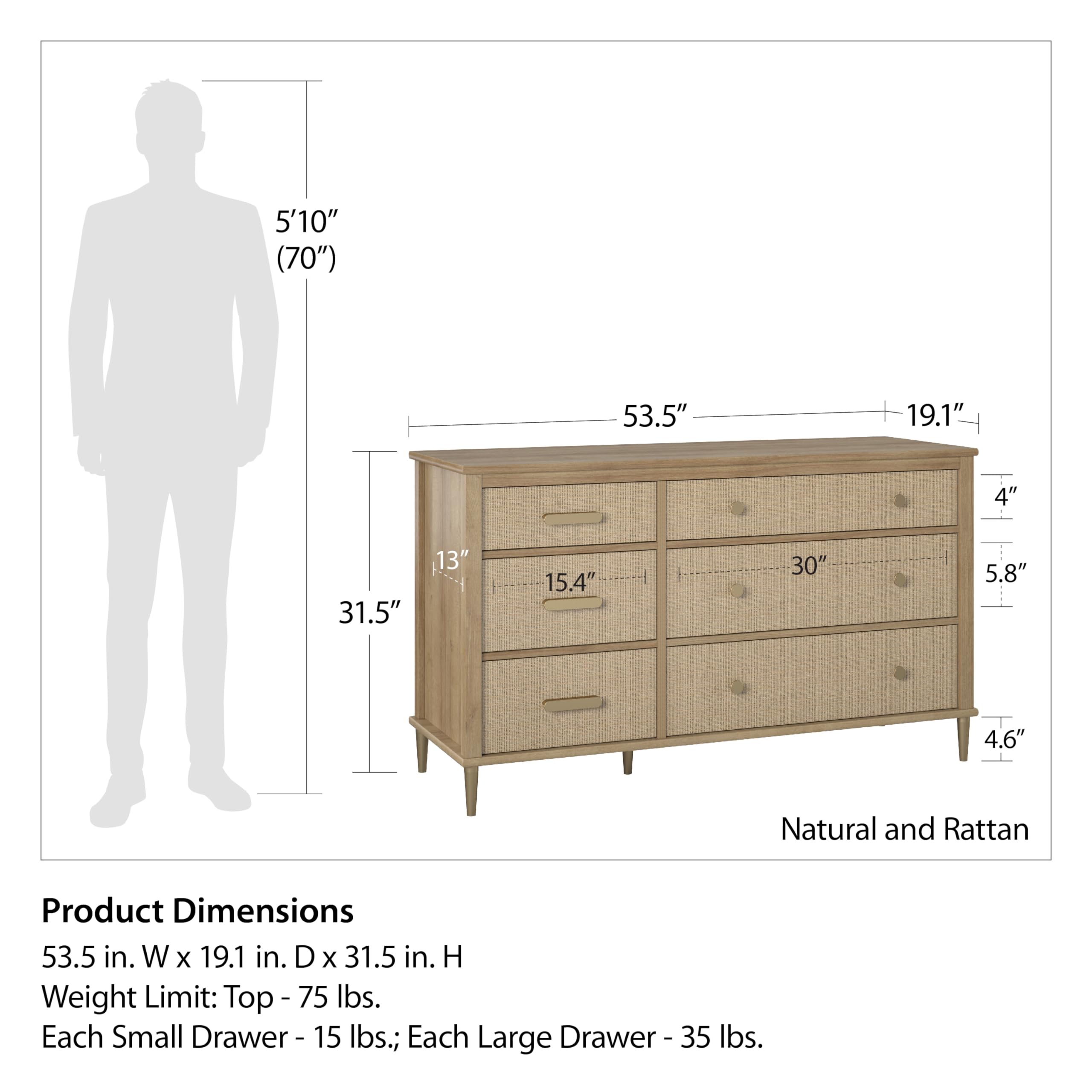 Little Seeds Shiloh Convertible 6 Drawer Dresser, Natural and Faux Rattan