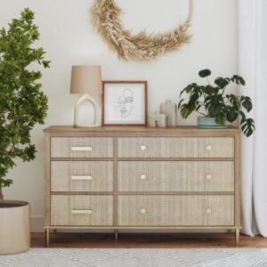 Little Seeds Shiloh Convertible 6 Drawer Dresser, Natural and Faux Rattan