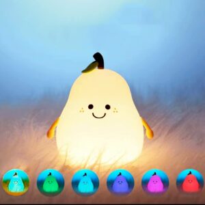 xugenxes children's night light,cute silicone pear nursery lamp for baby,7color changing pear baby light,senior smile decompressible fruit shaped night lights dimmable night light,gifts for kids