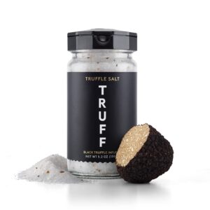 truff black truffle salt, fine and coarse sea salt, dried black summer truffles, specialty seasoning for a truly aromatic flavor experience, for the finest steaks or unique everyday popcorn (5.3 oz)