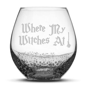 integrity bottles, where my witches at, stemless wine glass, handmade, handblown, hand etched gifts, sand carved, 18oz (bubbly smoke)