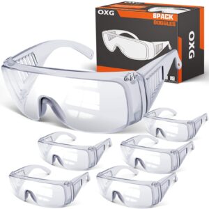 oxg 6 pack safety glasses over eyeglasses anti-fog, ansi z87.1 clear safety goggles eye protection glasses for men and women construction, labs, shooting