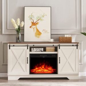 fireplace tv stand, modern entertainment center with 23" electric fireplace remote control for tvs up to 65", farmhouse console table barn door storage cabinet for living room, antique white&rustic