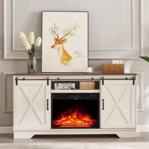 Fireplace TV Stand, Modern Entertainment Center with 23" Electric Fireplace Remote Control for TVs Up to 65", Farmhouse Console Table Barn Door Storage Cabinet for Living Room, Antique White&Rustic