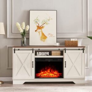 Fireplace TV Stand, Modern Entertainment Center with 23" Electric Fireplace Remote Control for TVs Up to 65", Farmhouse Console Table Barn Door Storage Cabinet for Living Room, Antique White&Rustic