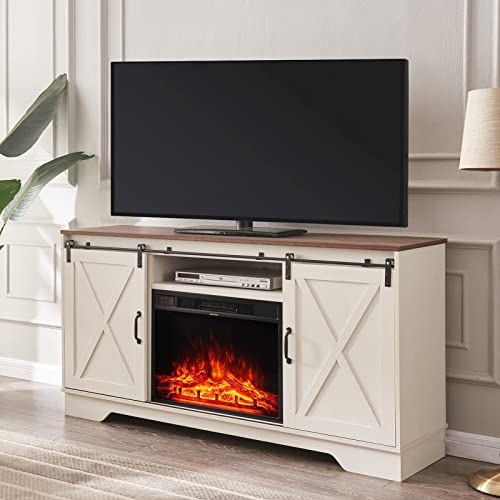 Fireplace TV Stand, Modern Entertainment Center with 23" Electric Fireplace Remote Control for TVs Up to 65", Farmhouse Console Table Barn Door Storage Cabinet for Living Room, Antique White&Rustic