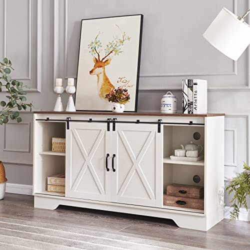 Fireplace TV Stand, Modern Entertainment Center with 23" Electric Fireplace Remote Control for TVs Up to 65", Farmhouse Console Table Barn Door Storage Cabinet for Living Room, Antique White&Rustic