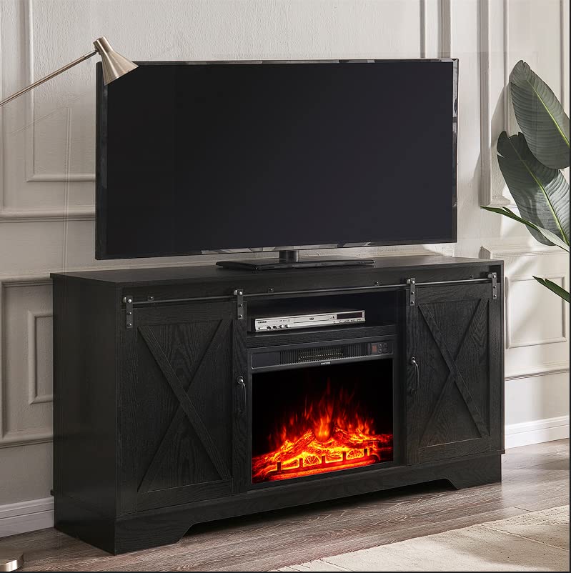 LAGRIMA Fireplace TV Stand, Modern Entertainment Center with 23'' Electric Fireplace Remote Control for TVs Up to 65'', Farmhouse Console Table Barn Door Storage Cabinet for Living Room, Black