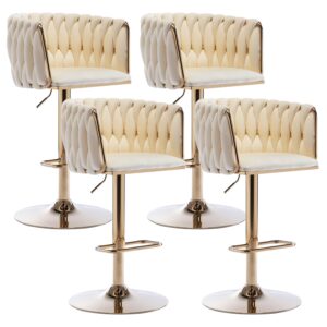 kiztir 360° velvet swivel bar stools set of 4, adjustable counter height bar chairs with woven back & footrest, luxury gold bar stools for kitchen island, cafe, pub (ivory)