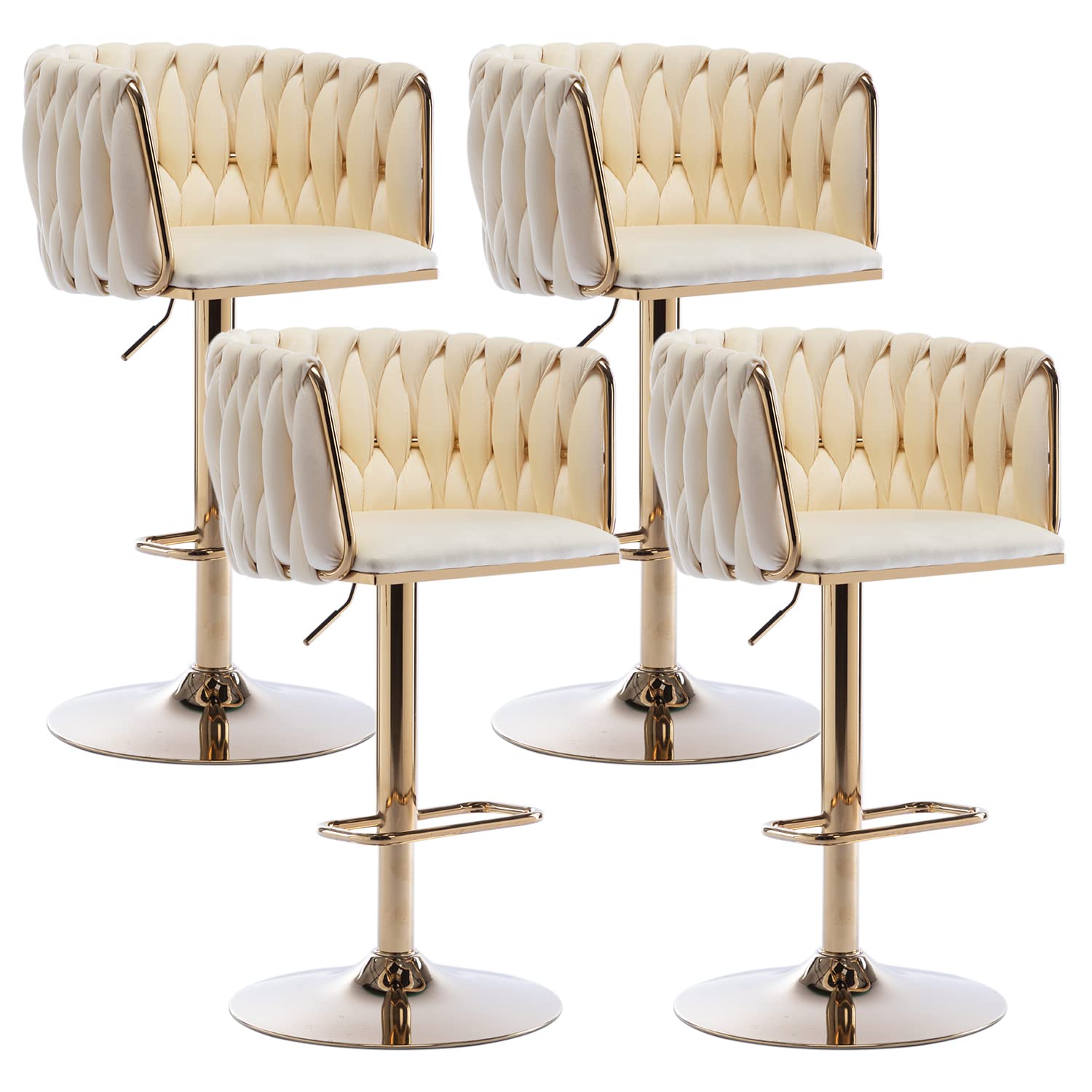 Kiztir 360° Velvet Swivel Bar Stools Set of 4, Adjustable Counter Height Bar Chairs with Woven Back & Footrest, Luxury Gold Bar Stools for Kitchen Island, Cafe, Pub (Ivory)