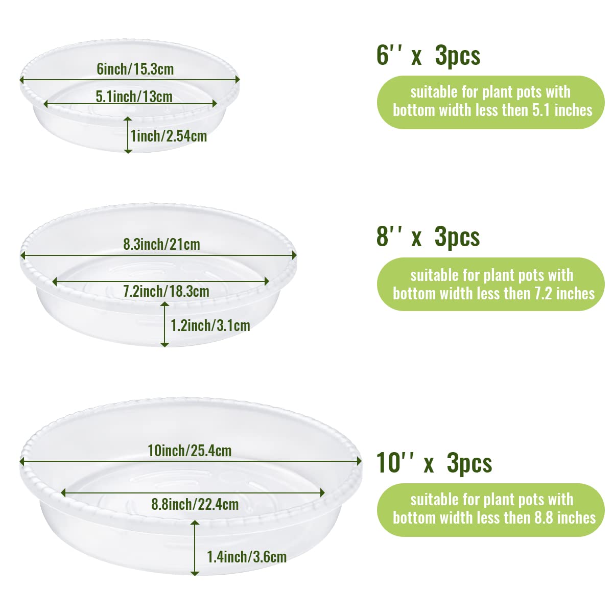 yuntop 9 Pack Clear Plastic Plant Saucer, Durable Plant Trays Flower Plant Pot Saucer Plant Container Accessories for Indoors & Outdoors, Stop Messes & Stains in Your Garden (6"+8"+10")