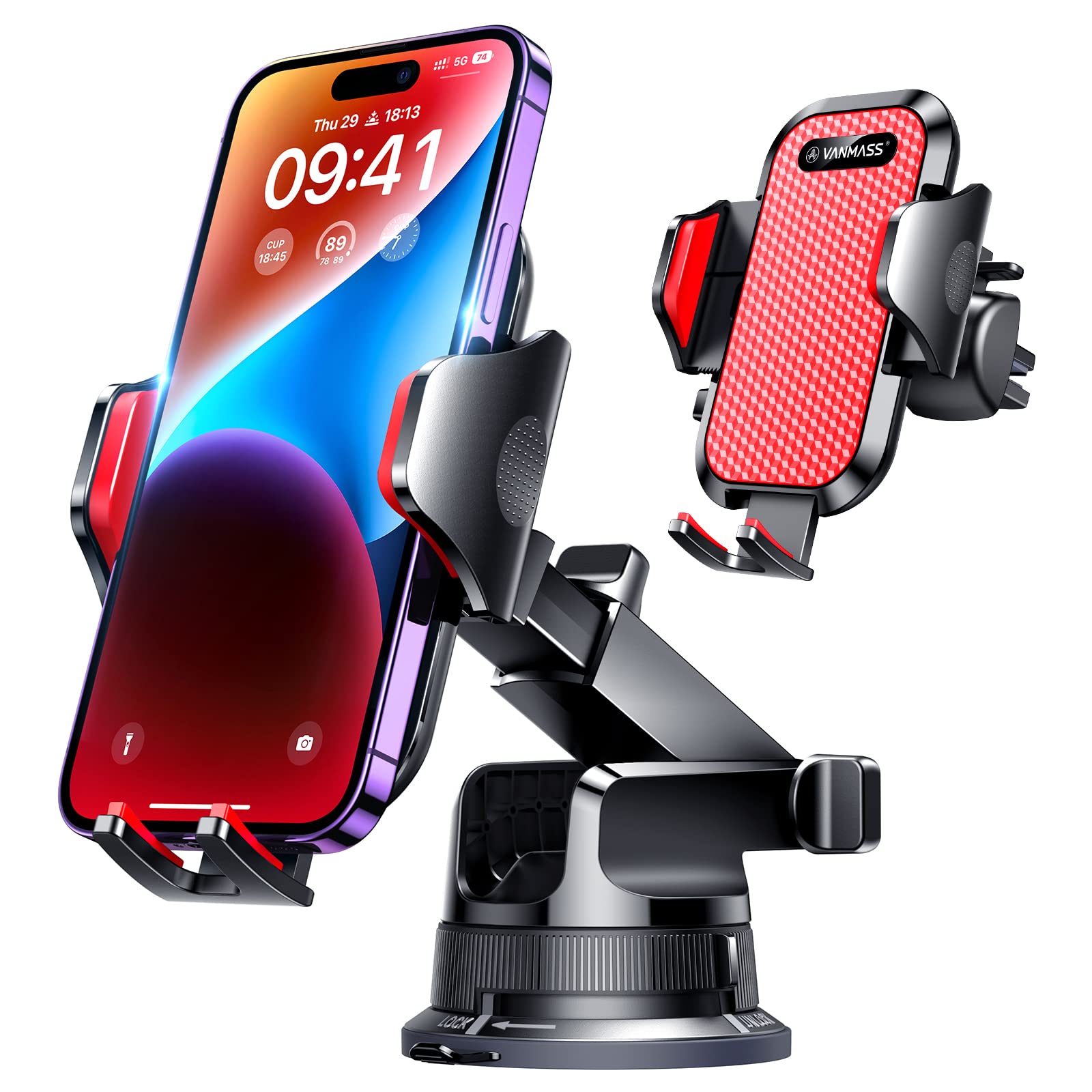 VANMASS [Pro Version] Universal Car Phone Mount [Super Suction Cup] Dashboard Phone Holder Stand, Handsfree Windshield Dash Vent Phone Holder Car, Compatible for iPhone 14 13 12 LG & Truck, Red