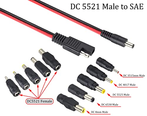 HCFeng 2Pack SAE to DC Adapter Cable SAE Plug to DC 5.5mmx2.1mm Male Connector Cables with SAE Polarity Reverse Adapter & DC8/6.5/5.5/4.0/3.5(mm) Adapters for Solar Battery Panel (14AWG 2ft/60cm)