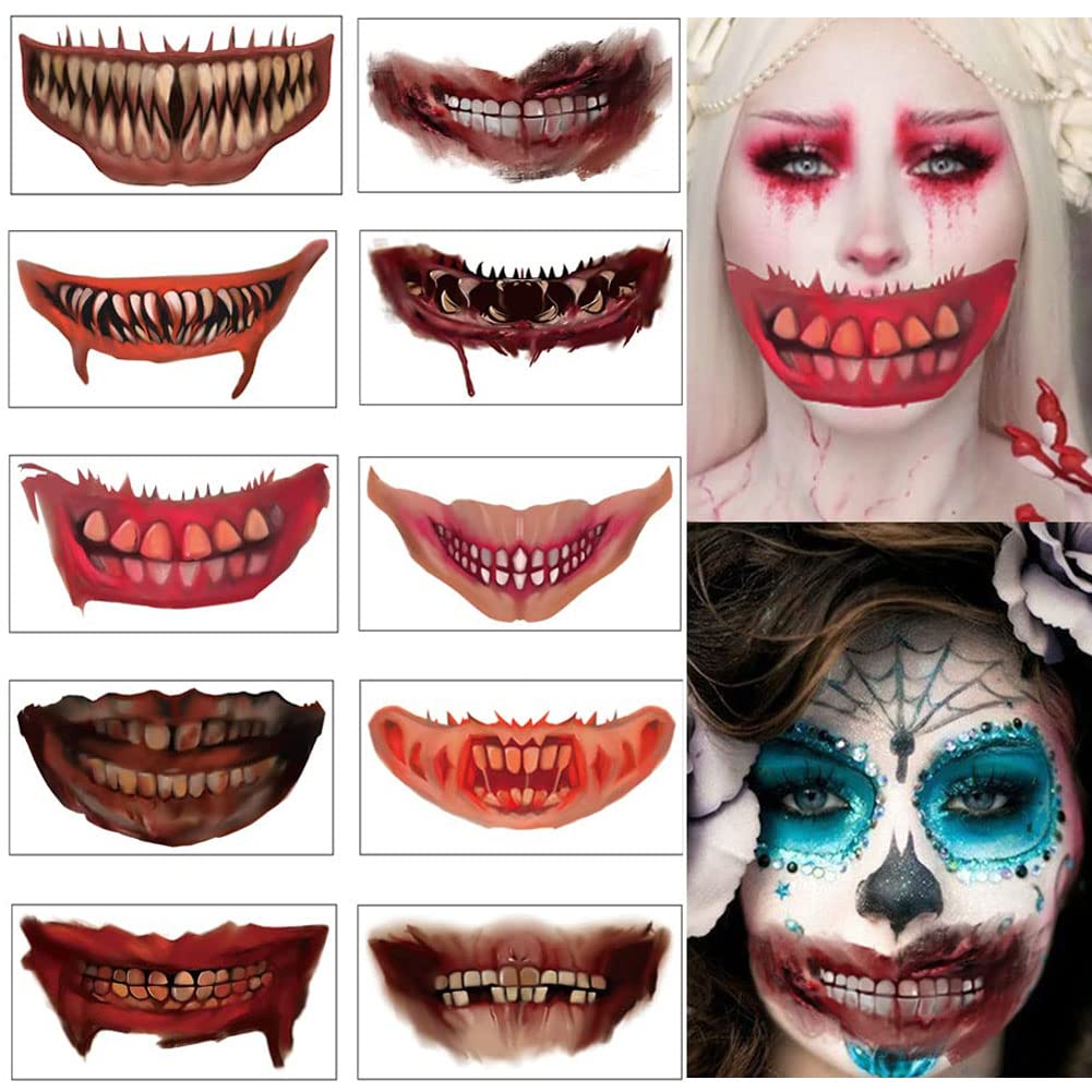 Halloween Prank Makeup Temporary Tattoo, 10Pcs Sheets Halloween Face Temporary Tattoo, Scary Big Mouth Face Tattoos Decals Kits Prank Props for Halloween Masquerade Cosplay Party