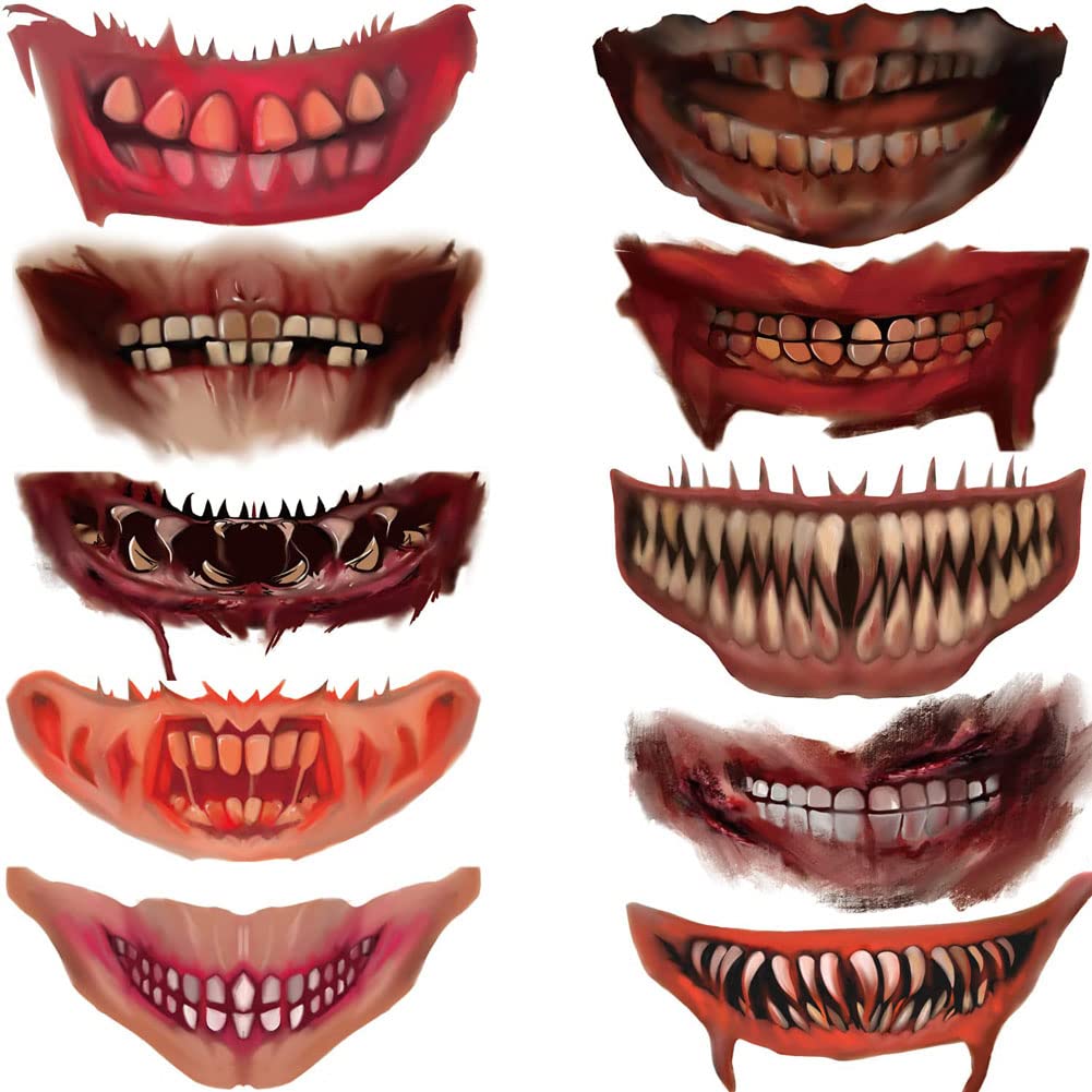 Halloween Prank Makeup Temporary Tattoo, 10Pcs Sheets Halloween Face Temporary Tattoo, Scary Big Mouth Face Tattoos Decals Kits Prank Props for Halloween Masquerade Cosplay Party