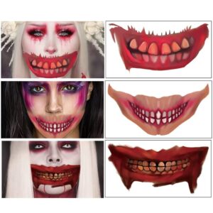 Halloween Prank Makeup Temporary Tattoo, 10Pcs Sheets Halloween Face Temporary Tattoo, Scary Big Mouth Face Tattoos Decals Kits Prank Props for Halloween Masquerade Cosplay Party