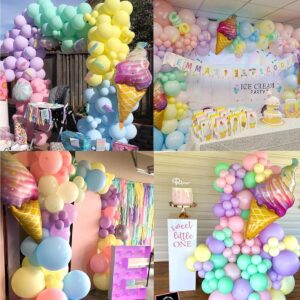 Ice Cream Party Decorations，Pastel Balloon Garland Arch Kit 145pcs Macaron Rainbow Balloon with long Balloon Ice Cream Foil Balloon for Baby Shower Birthday Ice Cream Themed Party Supplies