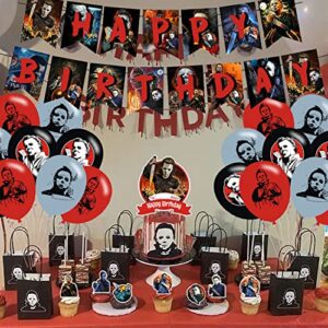 Horror Movie Have A Killer Party Decorations,Birthday Party Supplies For Thriller Killer Role Michael Myers Party Supplies Includes Banner - Cake Topper - 12 Cupcake Toppers - 18 Balloons -50 Horror Movie Stickers