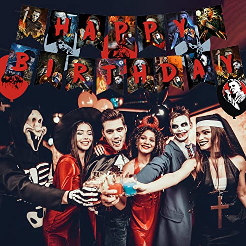 Horror Movie Have A Killer Party Decorations,Birthday Party Supplies For Thriller Killer Role Michael Myers Party Supplies Includes Banner - Cake Topper - 12 Cupcake Toppers - 18 Balloons -50 Horror Movie Stickers