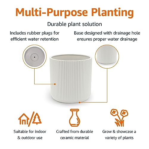 Amazon Basics Fluted Ceramic Round Planter, 10-Inch, White
