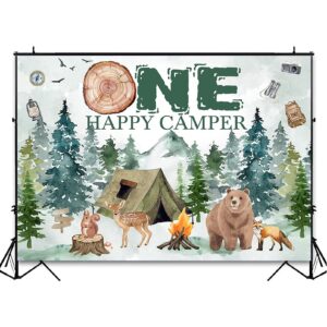 Avezano One Happy Camper Backdrop Boys' 1st Birthday Party Decoration Background Forest Adventure One Happy Camper First Birthday Decorations Photoshoot Banner (7x5ft)