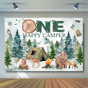 Avezano One Happy Camper Backdrop Boys' 1st Birthday Party Decoration Background Forest Adventure One Happy Camper First Birthday Decorations Photoshoot Banner (7x5ft)