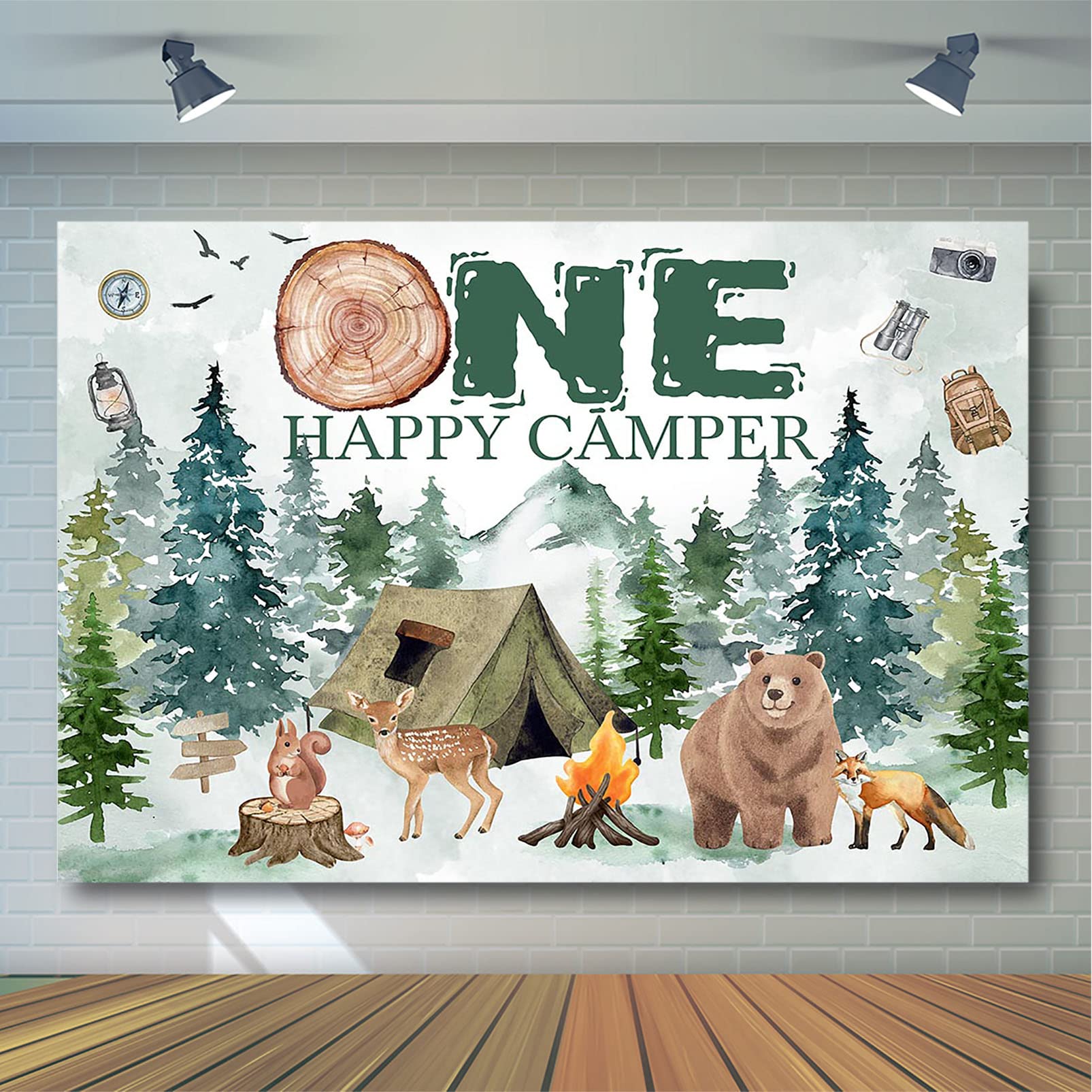 Avezano One Happy Camper Backdrop Boys' 1st Birthday Party Decoration Background Forest Adventure One Happy Camper First Birthday Decorations Photoshoot Banner (7x5ft)