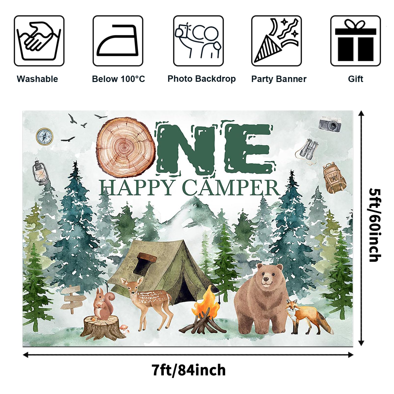 Avezano One Happy Camper Backdrop Boys' 1st Birthday Party Decoration Background Forest Adventure One Happy Camper First Birthday Decorations Photoshoot Banner (7x5ft)