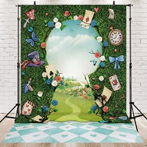 newsely wonderland tea party photo backdrop 5wx7h photography key hold checkerboard green grass fence decorations background for newborn baby shower fairy castle tale tapestry banner props supplies
