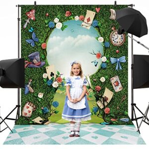 Newsely Wonderland Tea Party Photo Backdrop 5Wx7H Photography Key Hold Checkerboard Green Grass Fence Decorations Background for Newborn Baby Shower Fairy Castle Tale Tapestry Banner Props Supplies