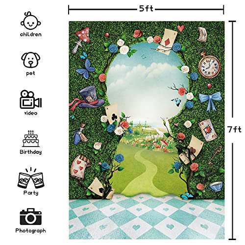 Newsely Wonderland Tea Party Photo Backdrop 5Wx7H Photography Key Hold Checkerboard Green Grass Fence Decorations Background for Newborn Baby Shower Fairy Castle Tale Tapestry Banner Props Supplies