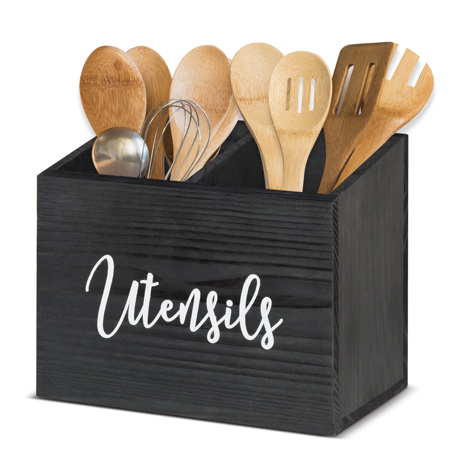 LADESIGGN Kitchen Utensil Holder with 2 Compartments, Farmhouse Kitchen Decor Utensil Holder, Rustic Silverware Utensil Caddy,Kitchen Countertop Organizer and Storage for Silverware Fork Spoon