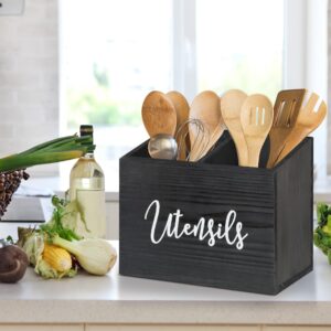 LADESIGGN Kitchen Utensil Holder with 2 Compartments, Farmhouse Kitchen Decor Utensil Holder, Rustic Silverware Utensil Caddy,Kitchen Countertop Organizer and Storage for Silverware Fork Spoon