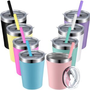 8 pack kids cups with straw and lid stainless steel insulated tumbler with spill proof lid metal straw cups with silicone sleeve for toddlers children cold hot drinking glasses cup, 8 colors (12 oz)