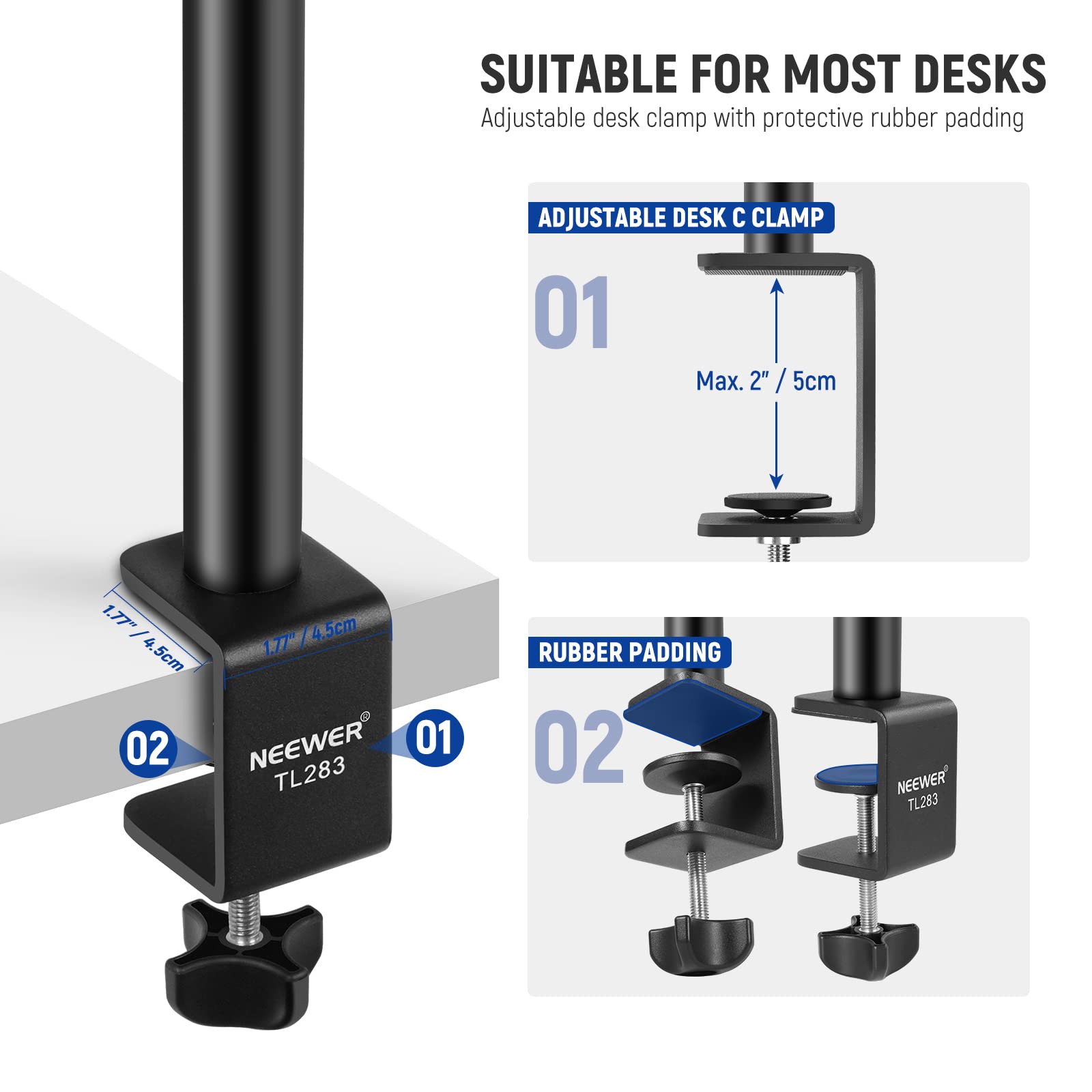 NEEWER 2PCS Extendable Camera Desk Mount with 1/4" Ball Head, 17”–40” Adjustable Table Light Stand with 1/4" Adapter and C Clamp for DSLR Camera, Ring Light, Live Stream, Vlog, Max Load: 6.6lb/3kg