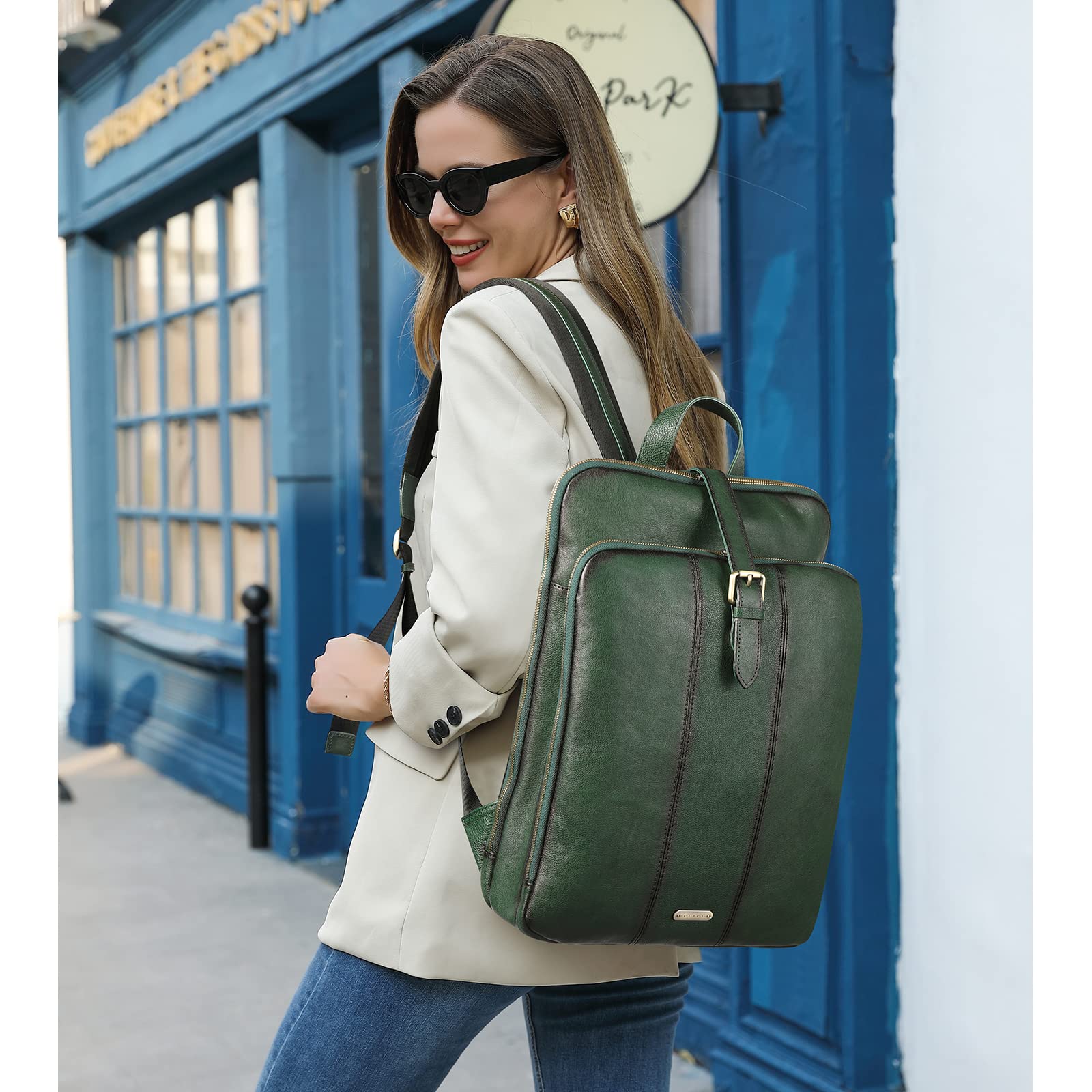 CLUCI Vegetable Tanned Full Grain Leather Laptop Backpack for Women 15.6 inch Computer Bags Stylish Travel Daypack Sassafras Green