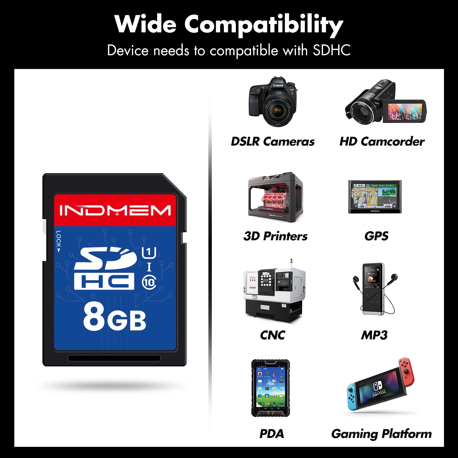 INDMEM SD Card 8GB 5 Pack UHS-I U1 Class 10 8G SDHC Flash Memory Card Compatible with Digital Camera, Computer, Trail Cameras