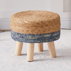 cpintltr foot stool natural seagrass hand weave poufs round ottoman for couch desk soft step stool padded foot rest with non-skid pine legs for hallway office lounge natural/blue