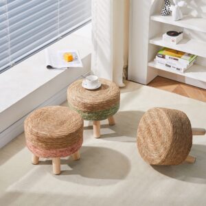 Cpintltr Foot Stool Natural Seagrass Hand Weave Poufs Round Ottoman for Couch Desk Soft Step Stool Padded Foot Rest with Non-Skid Pine Legs for Hallway Office Lounge Natural/Blue