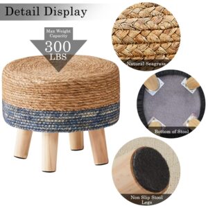 Cpintltr Foot Stool Natural Seagrass Hand Weave Poufs Round Ottoman for Couch Desk Soft Step Stool Padded Foot Rest with Non-Skid Pine Legs for Hallway Office Lounge Natural/Blue