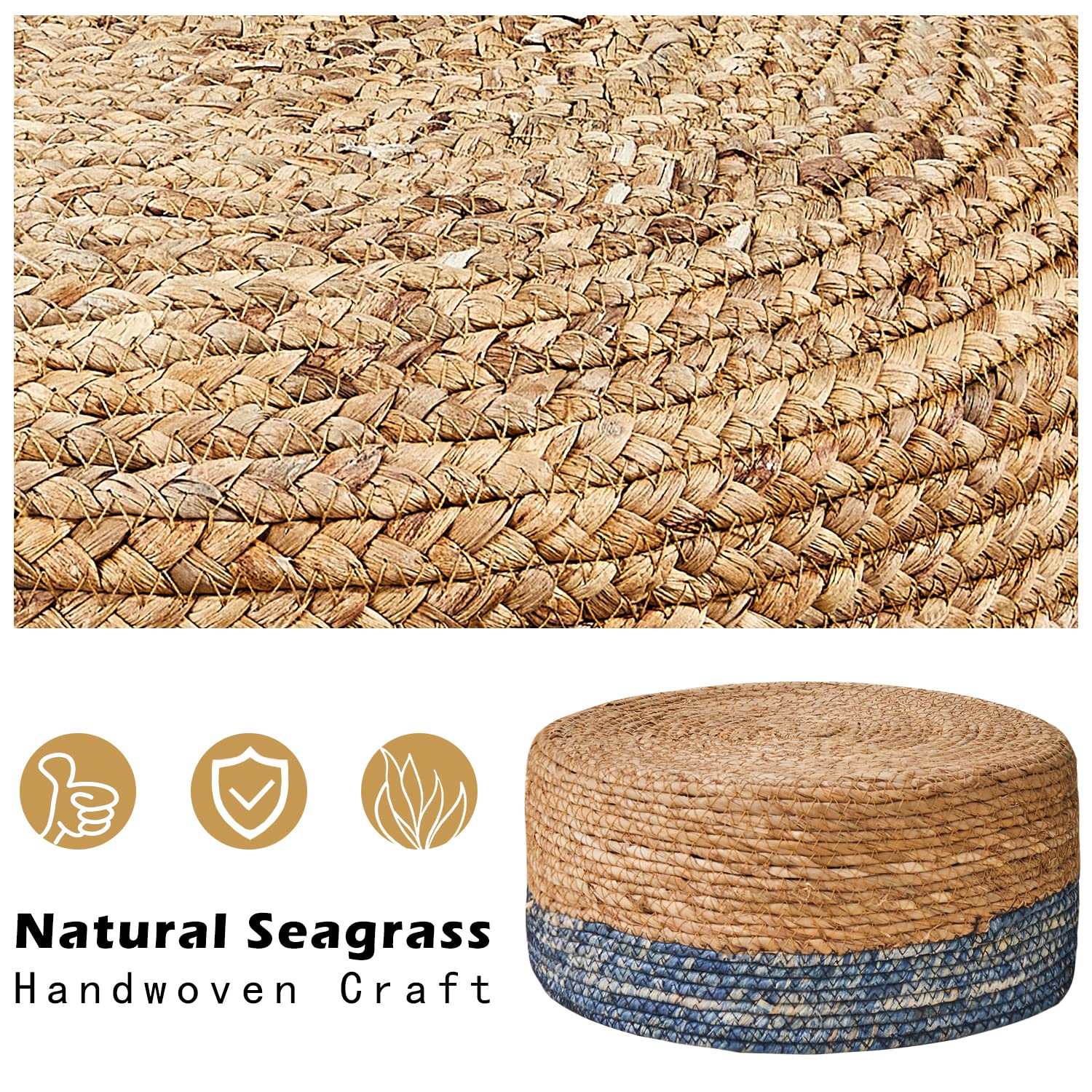 Cpintltr Foot Stool Natural Seagrass Hand Weave Poufs Round Ottoman for Couch Desk Soft Step Stool Padded Foot Rest with Non-Skid Pine Legs for Hallway Office Lounge Natural/Blue