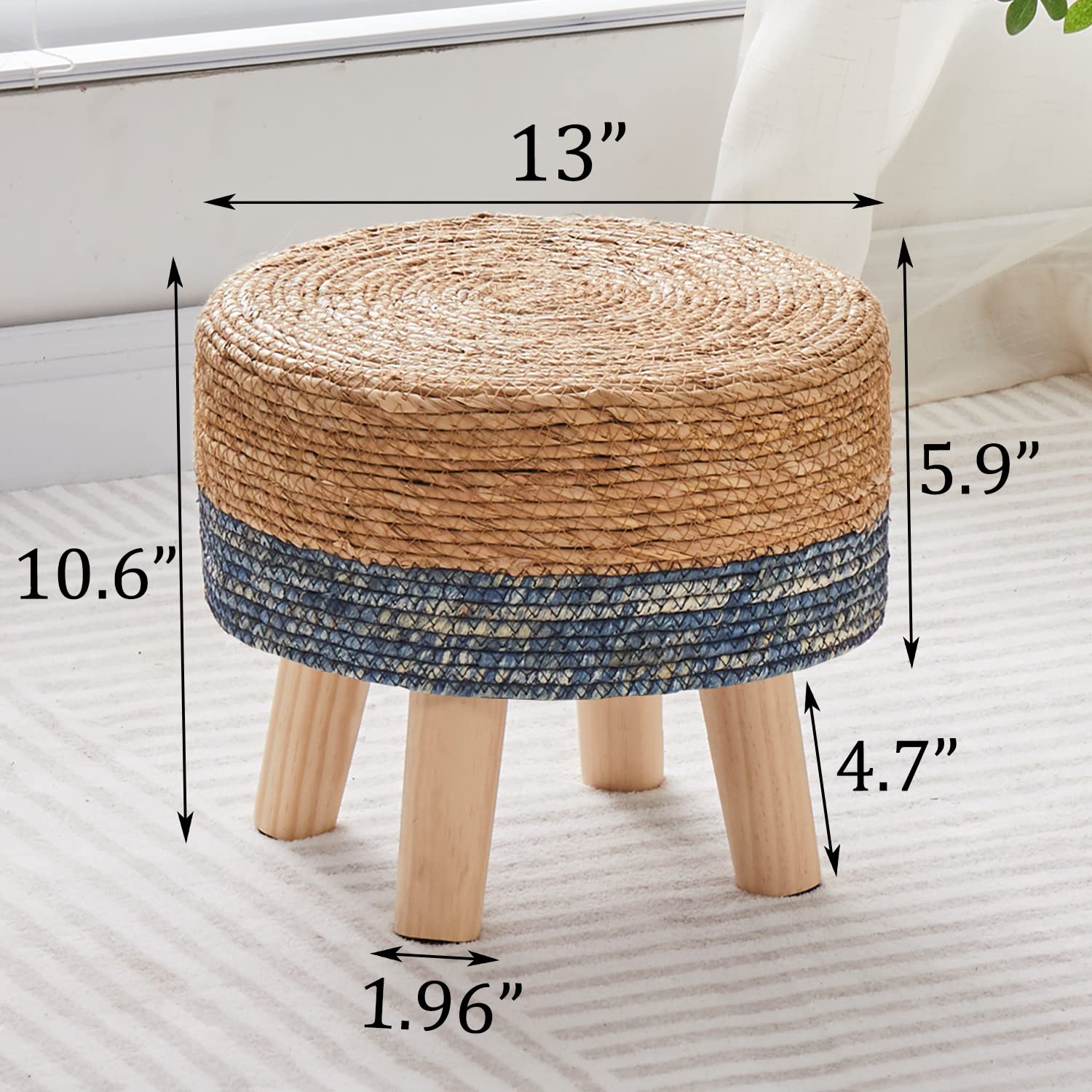 Cpintltr Foot Stool Natural Seagrass Hand Weave Poufs Round Ottoman for Couch Desk Soft Step Stool Padded Foot Rest with Non-Skid Pine Legs for Hallway Office Lounge Natural/Blue