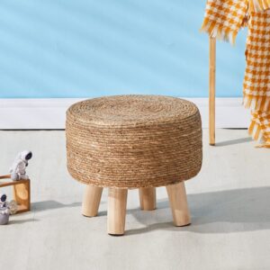 Cpintltr Foot Stool Natural Seagrass Hand Weave Poufs Round Ottoman for Couch Desk Soft Step Stool Padded Foot Rest with Non-Skid Pine Legs for Hallway Office Lounge Natural