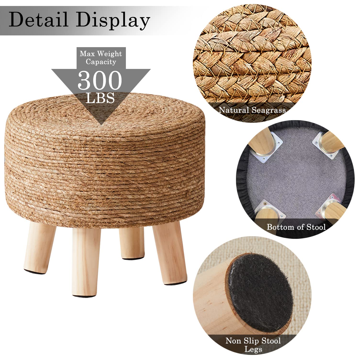 Cpintltr Foot Stool Natural Seagrass Hand Weave Poufs Round Ottoman for Couch Desk Soft Step Stool Padded Foot Rest with Non-Skid Pine Legs for Hallway Office Lounge Natural