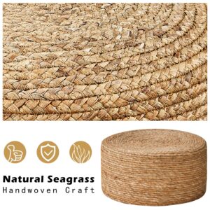 Cpintltr Foot Stool Natural Seagrass Hand Weave Poufs Round Ottoman for Couch Desk Soft Step Stool Padded Foot Rest with Non-Skid Pine Legs for Hallway Office Lounge Natural