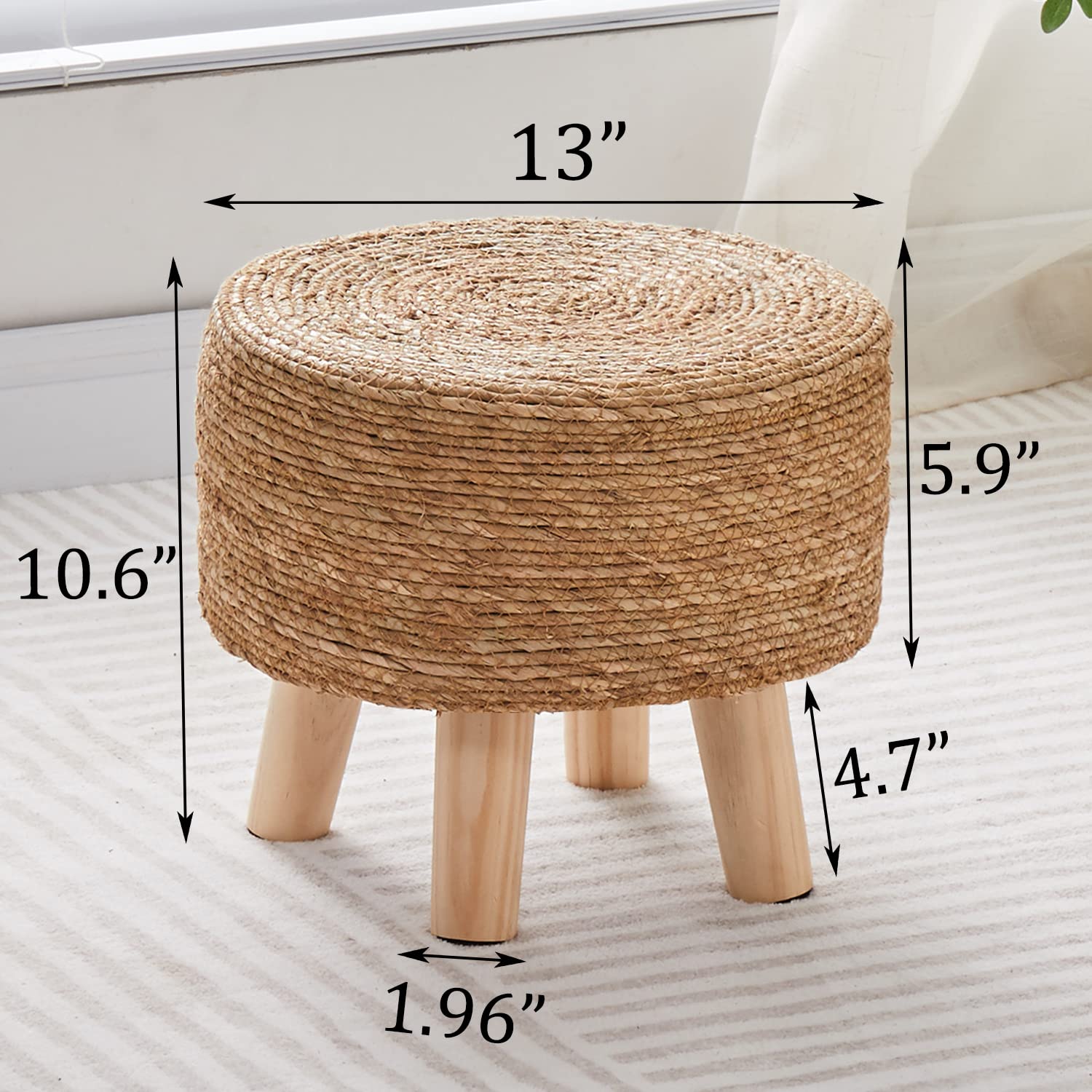 Cpintltr Foot Stool Natural Seagrass Hand Weave Poufs Round Ottoman for Couch Desk Soft Step Stool Padded Foot Rest with Non-Skid Pine Legs for Hallway Office Lounge Natural