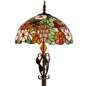 avivadirect tiffany floor lamp stained glass standing reading lamp 16x16x70 inches antique pole corner light for bedroom living room (grapes flower)