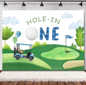 svbright hole in one 1st birthday backdrop 7wx5h watercolor blue sky white clouds grass for bday kids boys party cartoon golf sports themed decorations photography background banner photo booth studio